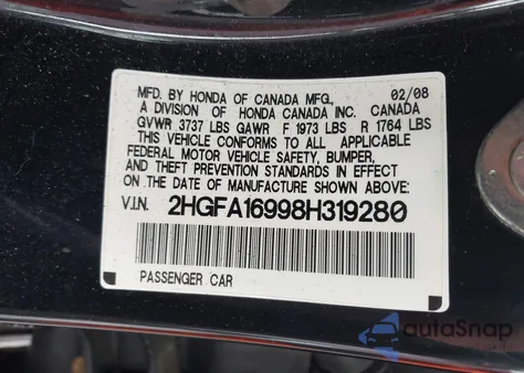 2008 Honda Civic Ex-L z USA, uszkodzony, nr VIN 2HGFA16998H319280